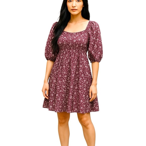 Lily Rose Dresses & Skirts - Juniors’ Lily Rose Pleated Bodice Skate Dress XS Wine Floral Puff Sleeve Peasant